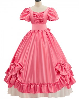 Pink Ruched Satin Medieval Renaissance Evening Gown with Short Sleeves VD024