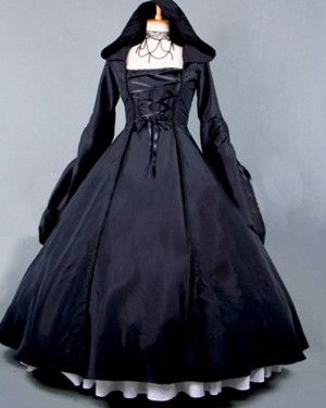 Black Satin Long Sleeves Medieval Gothic Victorian Dress with Hood VD025