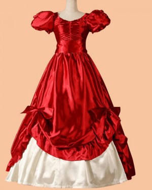 Burgundy Satin Ruched Medieval Renaissance Evening Gown with Bubble Sleeves VD026
