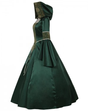 Print Green Satin Long Sleeve Medieval Gothic Victorian Dress with Hood VD027