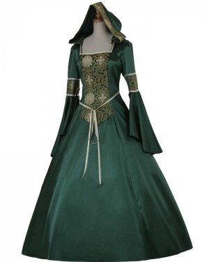 Print Green Satin Long Sleeve Medieval Gothic Victorian Dress with Hood VD027