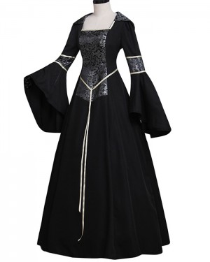 Print Black Square Neckline Satin Long Sleeve Medieval Gothic Victorian Dress with Hood VD028