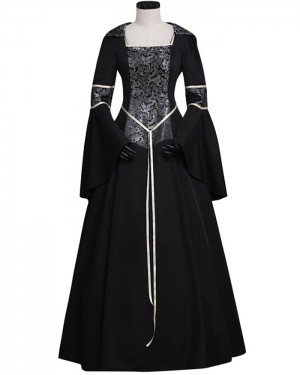 Print Black Square Neckline Satin Long Sleeve Medieval Gothic Victorian Dress with Hood VD028