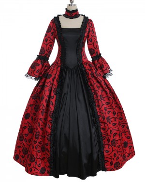 Print Black & Red Square Neckline Satin Long Sleeve Medieval Gothic Victorian Dress VD029