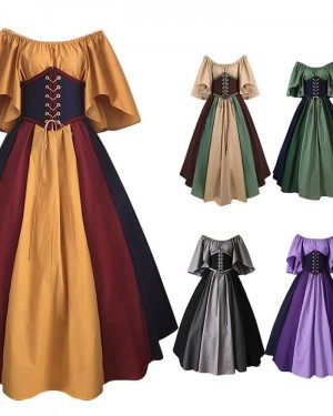 Off the Shoulder Colored Satin Medieval Gothic Victorian Dress with Flare Sleeves VD030