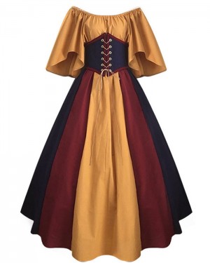 Off the Shoulder Colored Satin Medieval Gothic Victorian Dress with Flare Sleeves VD030