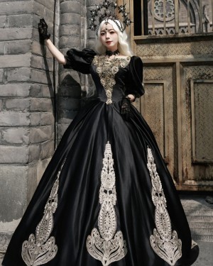 Jewel Neckline Black Victorian Rococo Evening Ball Gown with Half Length Sleeves VD031