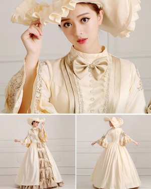 Lace High Neck Champagne Victorian Rococo Evening Ball Gown with Flare Sleeves VD032