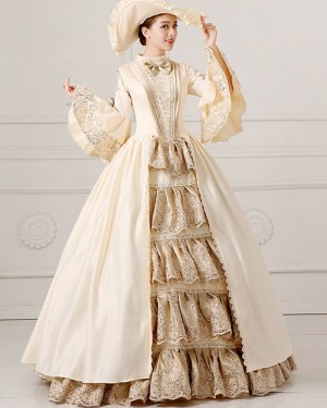 Lace High Neck Champagne Victorian Rococo Evening Ball Gown with Flare Sleeves VD032