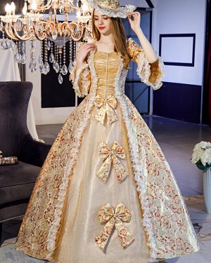 Square Neckline Ruched Lace Victorian Rococo Evening Ball Gown with Flare Sleeves VD033