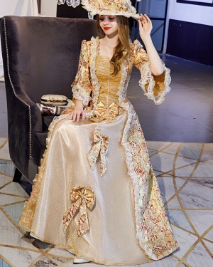 Square Neckline Ruched Lace Victorian Rococo Evening Ball Gown with Flare Sleeves VD033