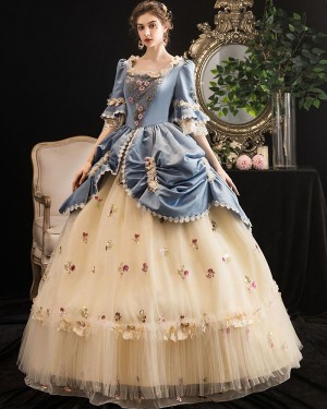 Scoop Ruched Applique Victorian Rococo Evening Ball Gown with Flare Sleeves VD034