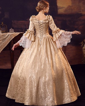 Gold Scoop Ruched Lace Victorian Rococo Evening Ball Gown with Flare Sleeves VD035