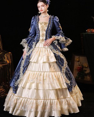 Blue Satin Scoop Ruched Layered Victorian Rococo Evening Ball Gown with Flare Sleeves VD036