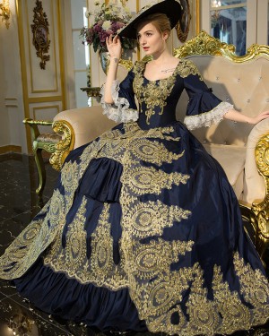 Navy Blue Scoop Appliqued Victorian Rococo Evening Ball Gown with Flare Sleeves VD037