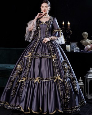 Satin Ruched Victorian Rococo Evening Ball Gown with Flare Sleeves VD039
