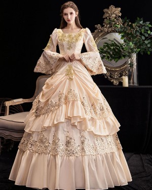 Light Pink Applique Ruched Medieval Victorian Rococo Evening Ball Gown with Flare Sleeves VD040