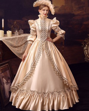 High Neck Lace Applique Satin Medieval Victorian Rococo Evening Ball Gown with 3/4 Length Sleeves VD043