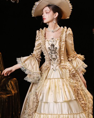 Champagne Ruched Lace Applique Satin Medieval Victorian Rococo Evening Ball Gown with Floral Sleeves VD044