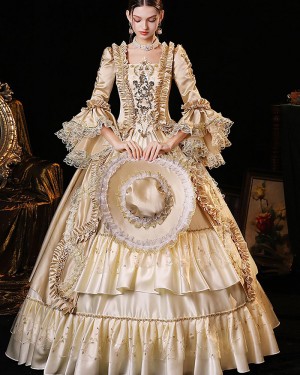 Champagne Ruched Lace Applique Satin Medieval Victorian Rococo Evening Ball Gown with Floral Sleeves VD044