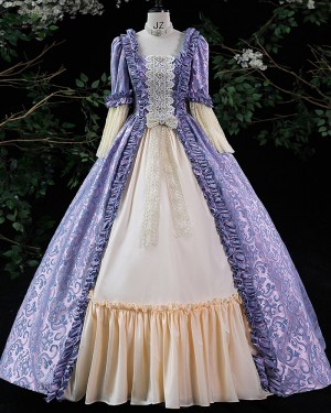 Blue Ruched Lace Applique Medieval Victorian Rococo Evening Ball Gown with Floral Sleeves VD045