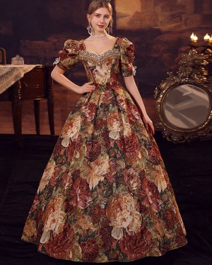 Scoop Floral Prink Medieval Victorian Evening Ball Gown with Short Sleeves VD046