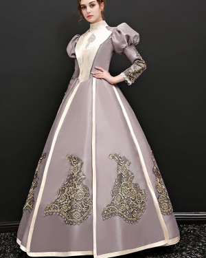 High Neck Lace Applique Medieval Gothic Victorian Queen Dress with Lace Long Sleeves VD048
