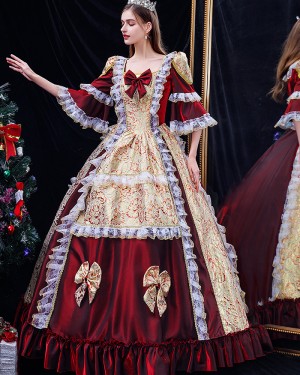 Burgundy Square Neckline Lace Applique Medieval Victorian Rococo with Flare Sleeves VD049