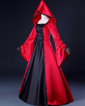 Applique Red & Black Satin Medieval Medieval Gothic Victorian Dress with Hood VD051