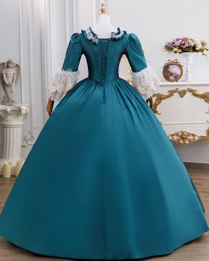 Teal Blue Historical Victorian Rococo  Costume Dress with Lace Trim VD054