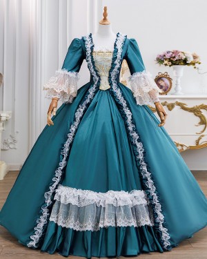 Teal Blue Historical Victorian Rococo  Costume Dress with Lace Trim VD054