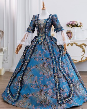 Vintage Embroidered Rococo Blue Floral Brocade Historical Costume Dress with Sleeves VD055