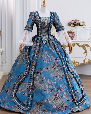 Vintage Embroidered Rococo Blue Floral Brocade Historical Costume Dress with Sleeves VD055