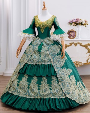 Emerald Green Baroque Court Costume Dress with Gold Lace Overlay VD056