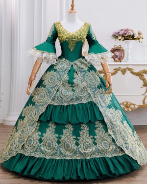 Emerald Green Baroque Court Costume Dress with Gold Lace Overlay VD056