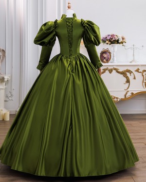 Olive Green Historical  Victorian Ruffle Costume Dress with Puff Sleeves VD057