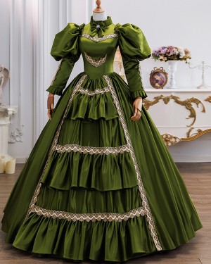 Olive Green Historical  Victorian Ruffle Costume Dress with Puff Sleeves VD057