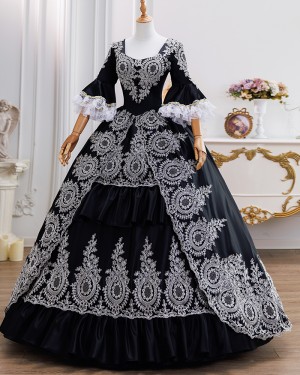 Victorian-Inspired Black Historical Costume Dress with Puff Sleeves VD059