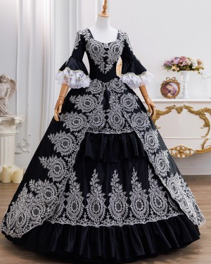 Victorian-Inspired Black Historical Costume Dress with Puff Sleeves VD059
