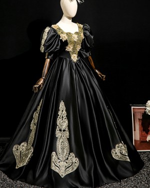 Black Satin Applique Historical Victorian Court Costume Dress with Puff Sleeves VD060