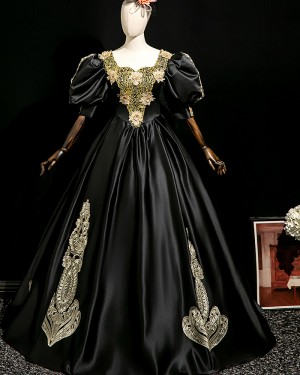 Black Satin Applique Historical Victorian Court Costume Dress with Puff Sleeves VD060