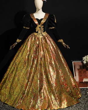 Regal Floral Brocade Historical Court Costume Dress with Long Sleeves VD061