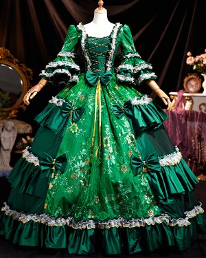 Victorian Green Bow Applique Flower Vintage Rococo Baroque Costume Dress VD063