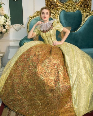Renaissance-Style Gold Costume Dress with Brocade Skirt VD066