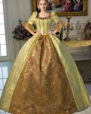 Renaissance-Style Gold Costume Dress with Brocade Skirt VD066
