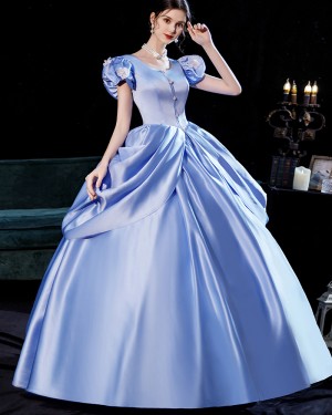 Simple Victorian Light Blue Ruched Satin Ball Gown VD068