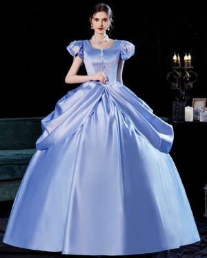 Simple Victorian Light Blue Ruched Satin Ball Gown VD068