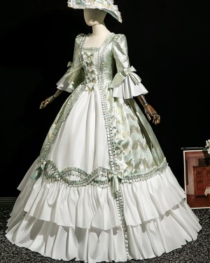Victorian Mint Green and White Historical Brocade Costume Dress with Long Sleeves VD070