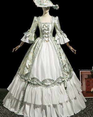 Victorian Mint Green and White Historical Brocade Costume Dress with Long Sleeves VD070