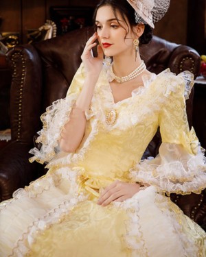 Victorian Style Ruched Lace Costume Dress with Long Sleeves & Bows VD071